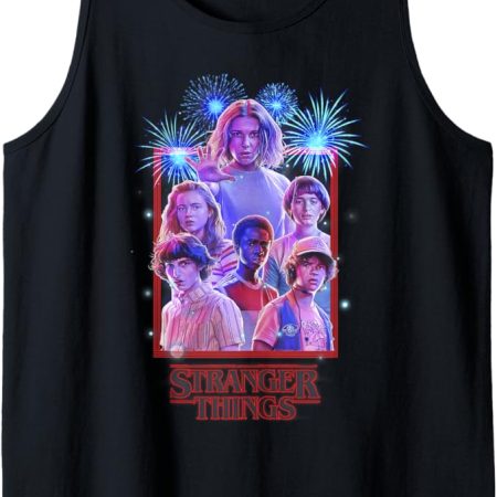 Stranger Thinks Black Tank Top with characters and fireworks