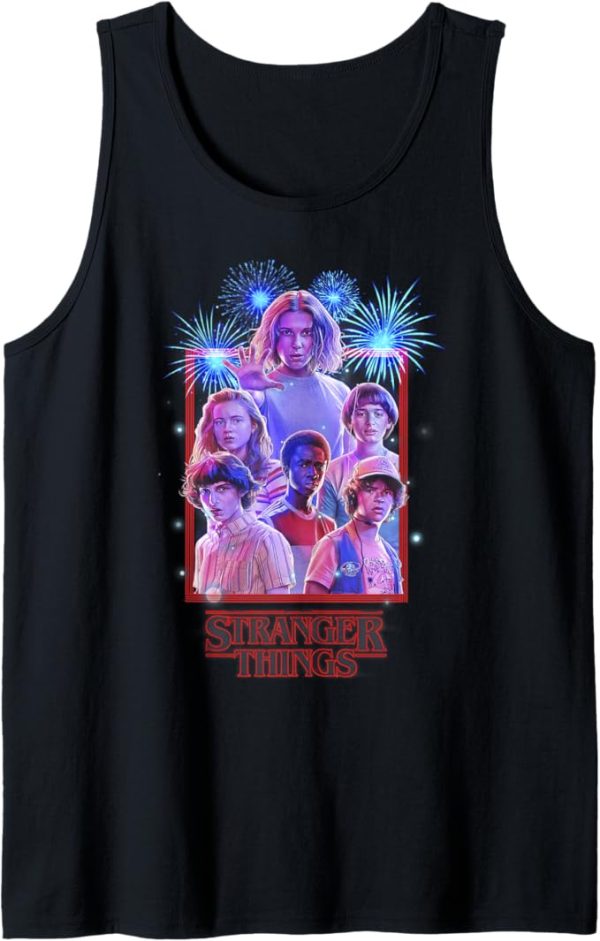 Stranger Thinks Black Tank Top with characters and fireworks